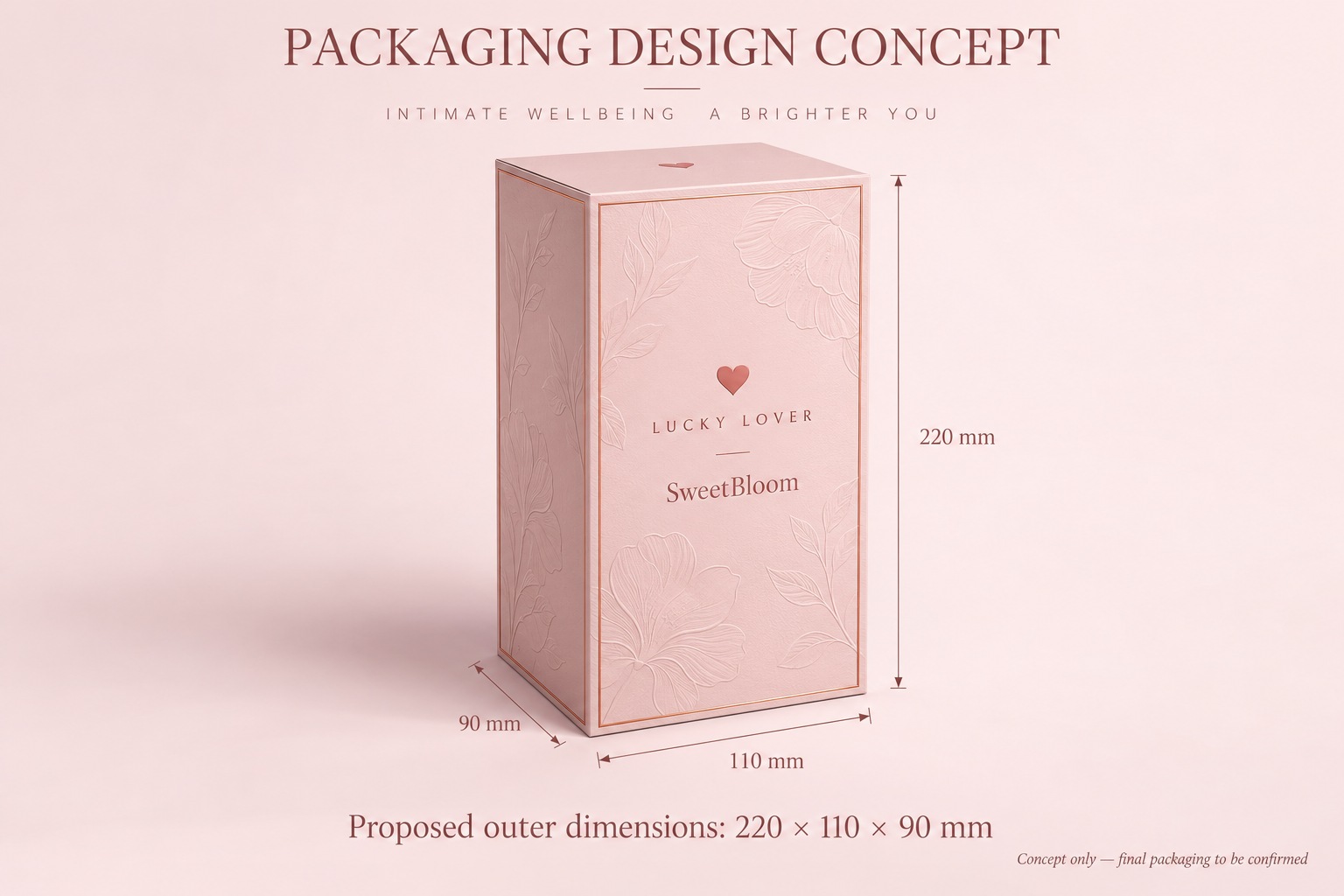 Pink Lucky Lover SweetBloom packaging design concept with proposed outer dimensions of 220 by 110 by 90 millimetres
